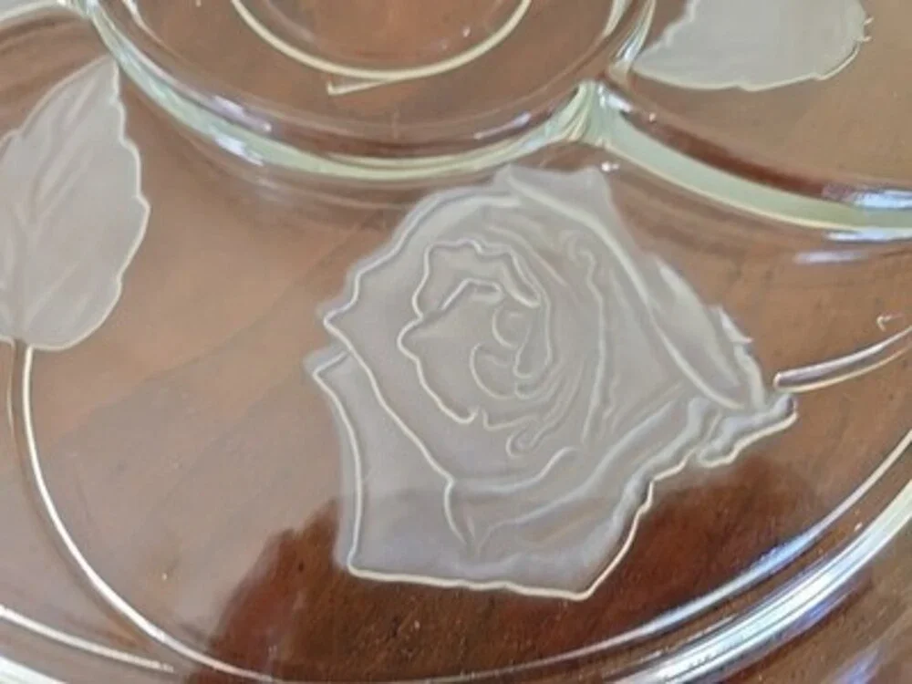 Indiana Glass Pressed Frosted Rose Divided  13” Appetizer Tray